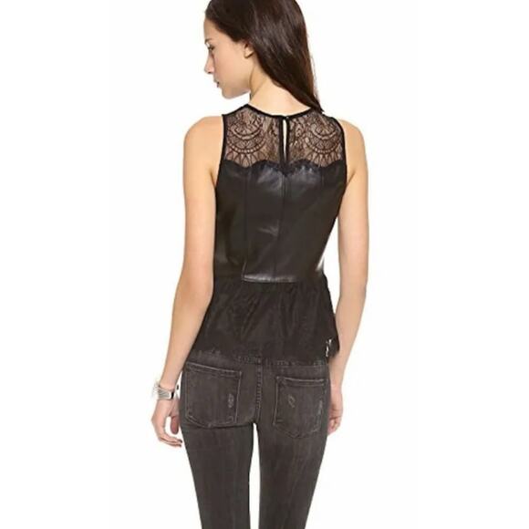 Patterson J. Kincaid Black Sleeveless Lamb Leather & Lace Peplum Top L - Picture 2 of 10